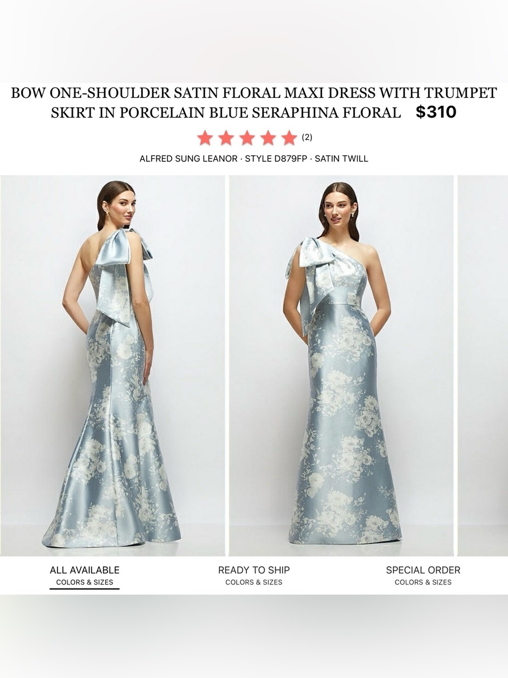 ALFRED SUNG Porcelain Blue One-Shoulder Satin Floral Gown with Bow